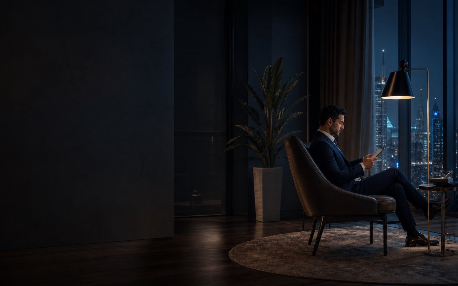 A refined Alliance business lounge overlooking a Gulf city at night